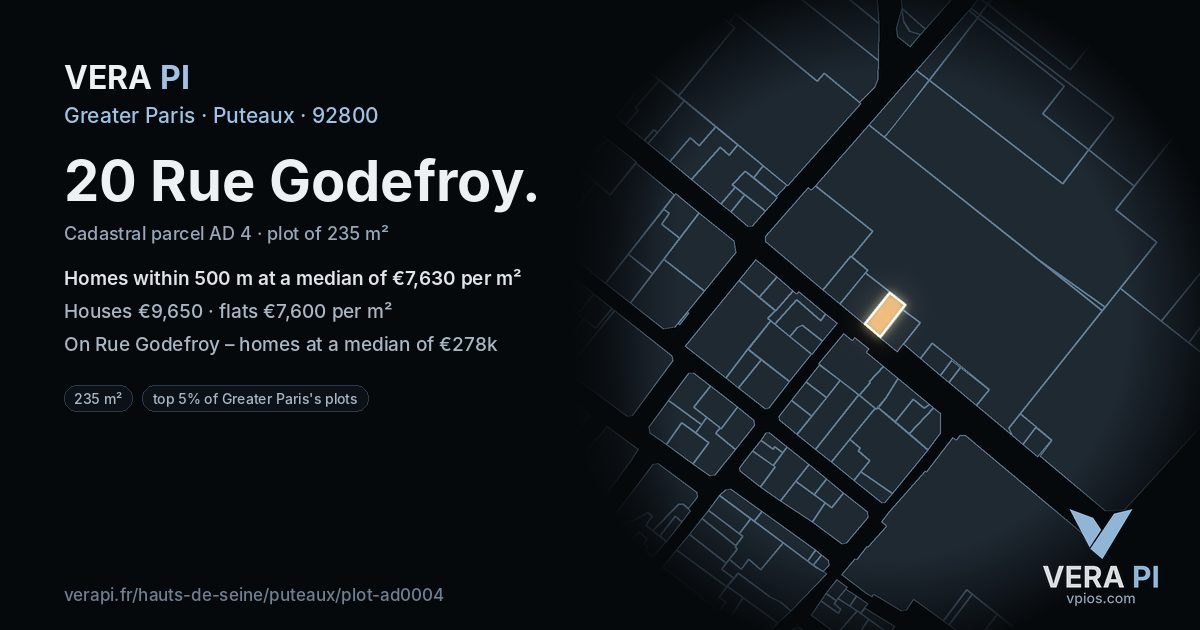 20 Rue Godefroy, Puteaux at night – the plot lit, the parcels around coloured by the prices near them