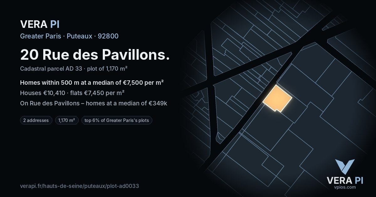 20 Rue des Pavillons, Puteaux at night – the plot lit, the parcels around coloured by the prices near them