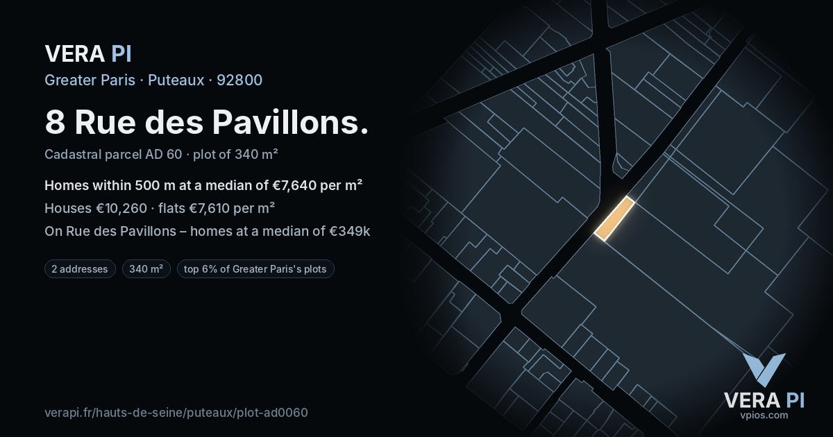 8 Rue des Pavillons, Puteaux at night – the plot lit, the parcels around coloured by the prices near them