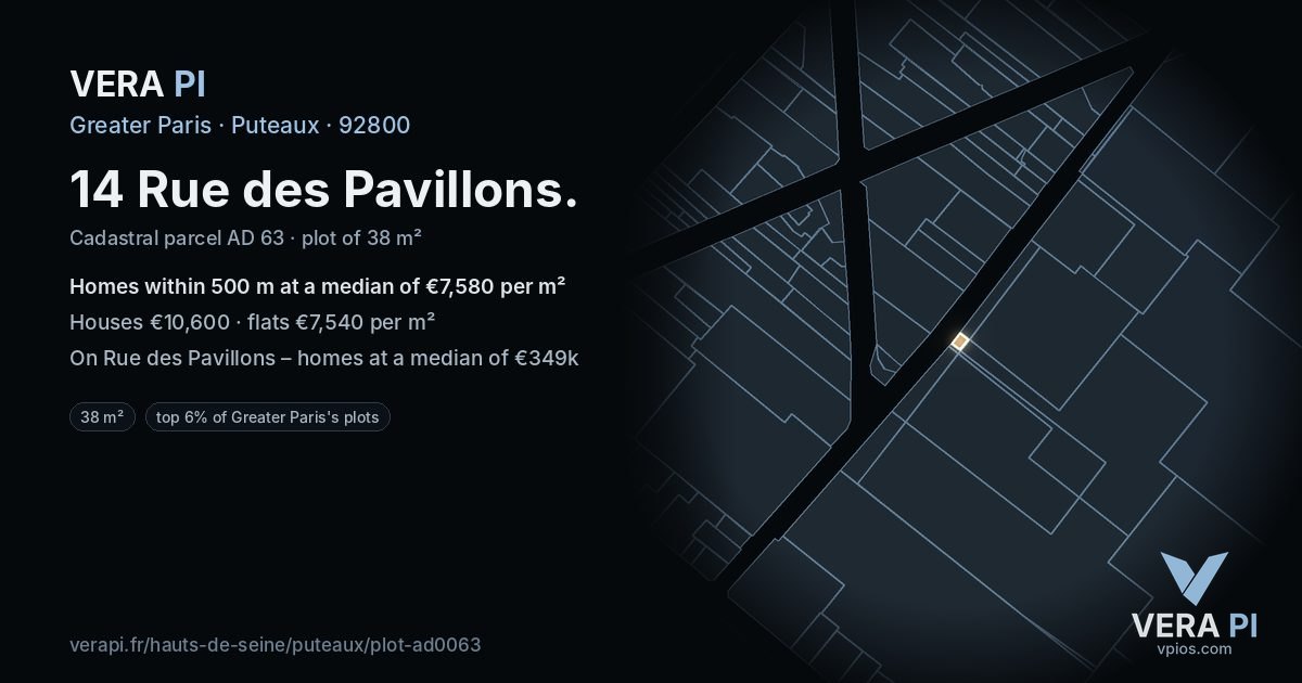 14 Rue des Pavillons, Puteaux at night – the plot lit, the parcels around coloured by the prices near them