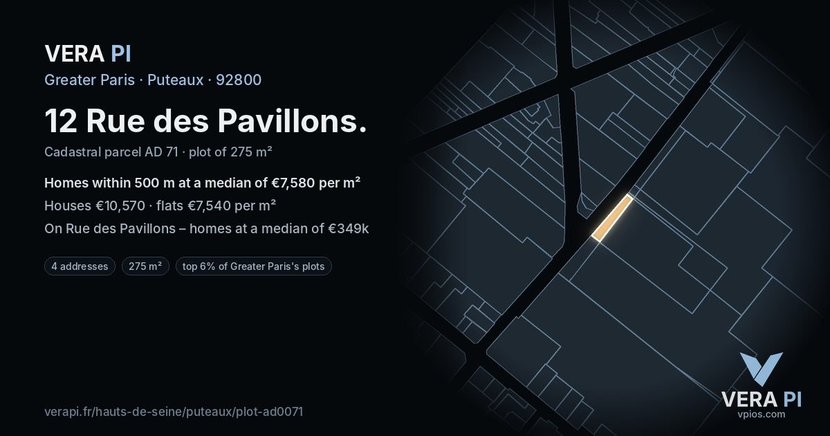 12 Rue des Pavillons, Puteaux at night – the plot lit, the parcels around coloured by the prices near them