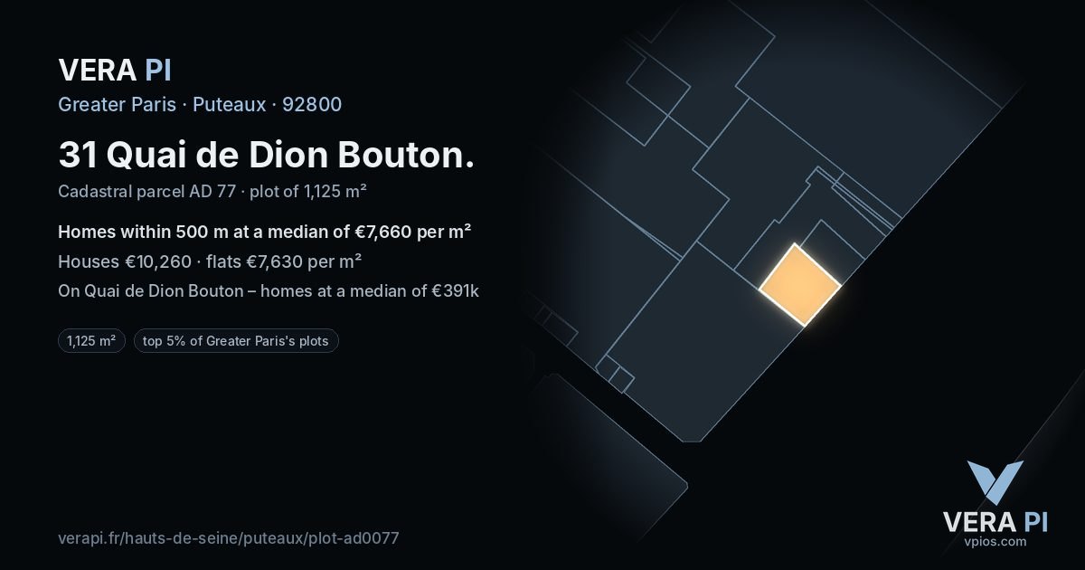 31 Quai de Dion Bouton, Puteaux at night – the plot lit, the parcels around coloured by the prices near them