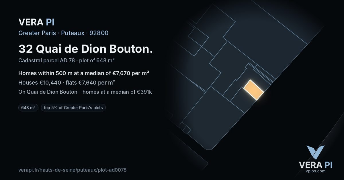 32 Quai de Dion Bouton, Puteaux at night – the plot lit, the parcels around coloured by the prices near them