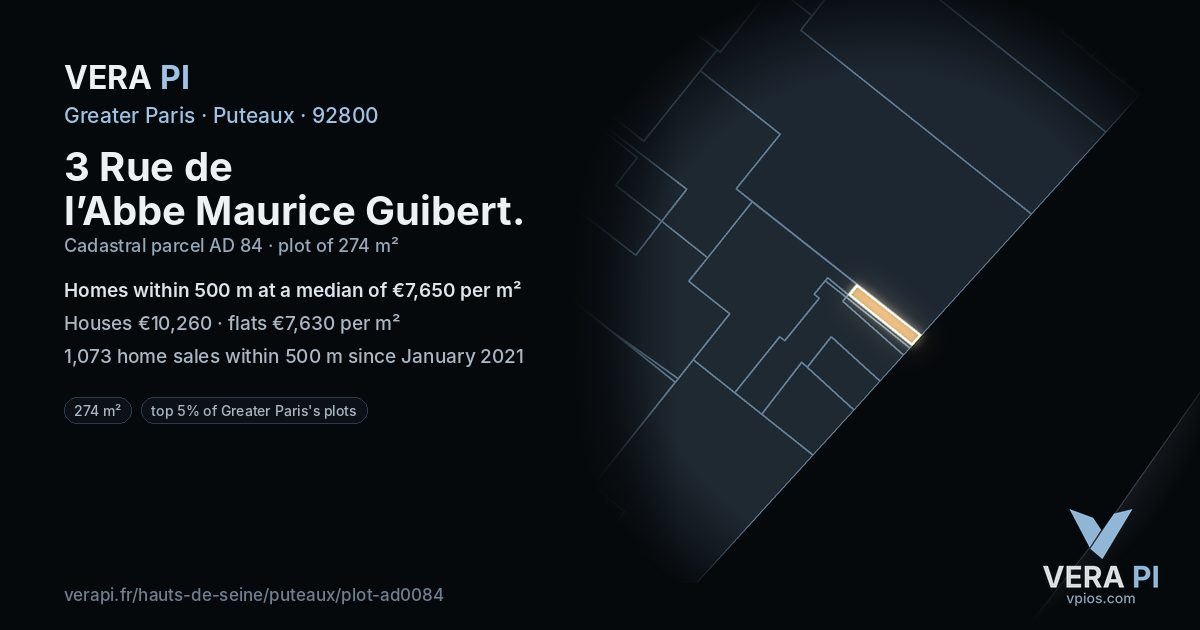 3 Rue de l’Abbe Maurice Guibert, Puteaux at night – the plot lit, the parcels around coloured by the prices near them