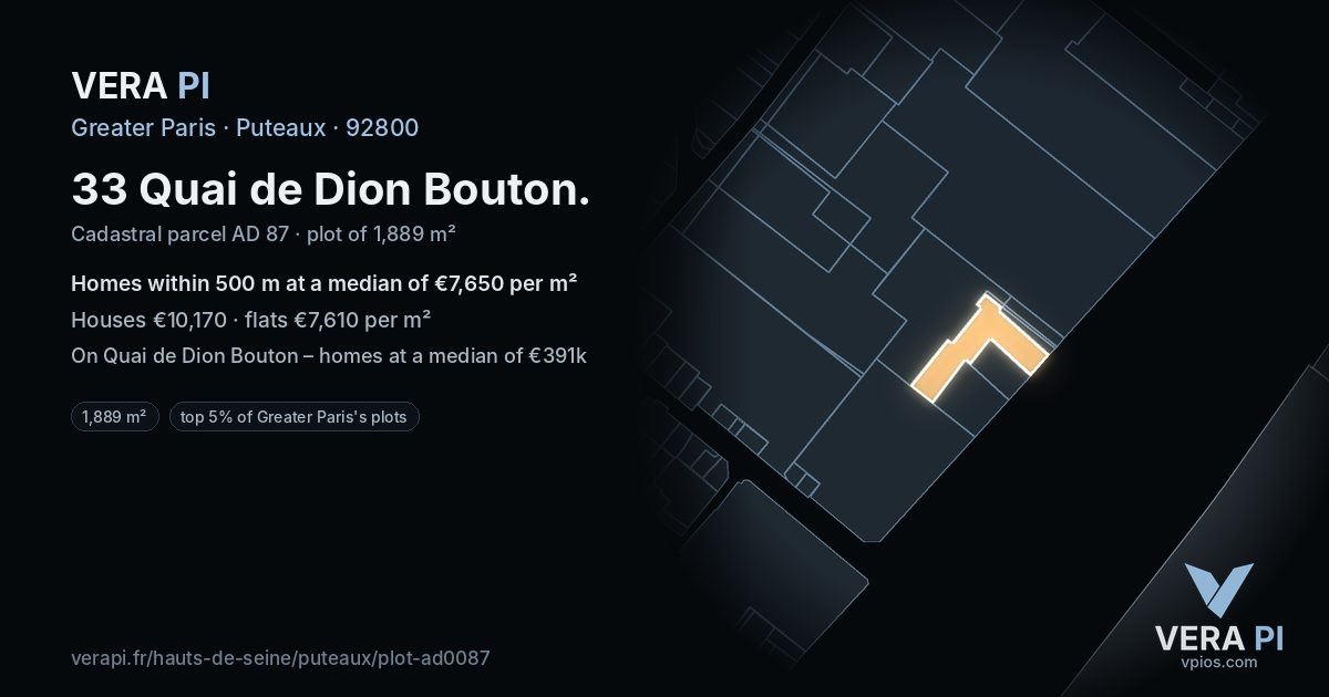 33 Quai de Dion Bouton, Puteaux at night – the plot lit, the parcels around coloured by the prices near them