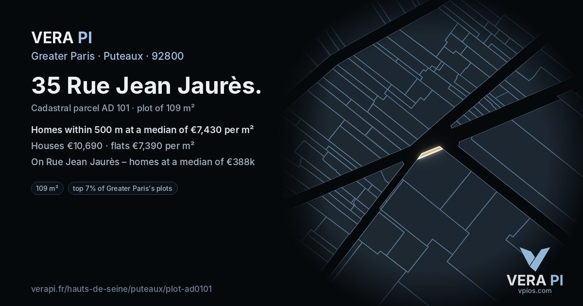 35 Rue Jean Jaurès, Puteaux at night – the plot lit, the parcels around coloured by the prices near them
