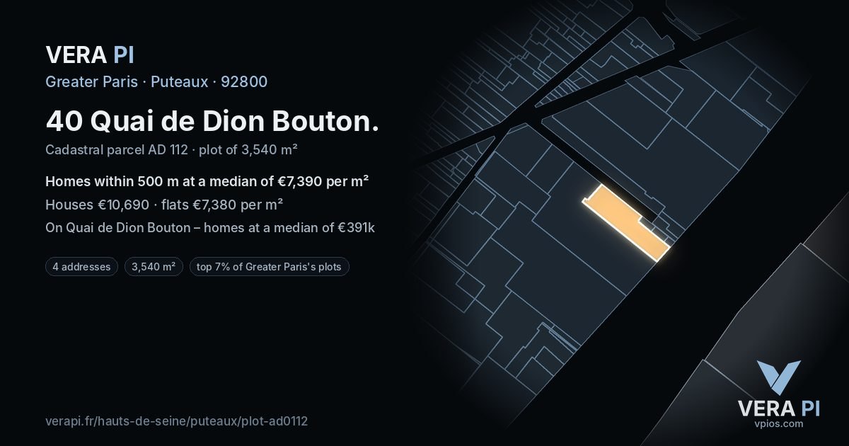 40 Quai de Dion Bouton, Puteaux at night – the plot lit, the parcels around coloured by the prices near them