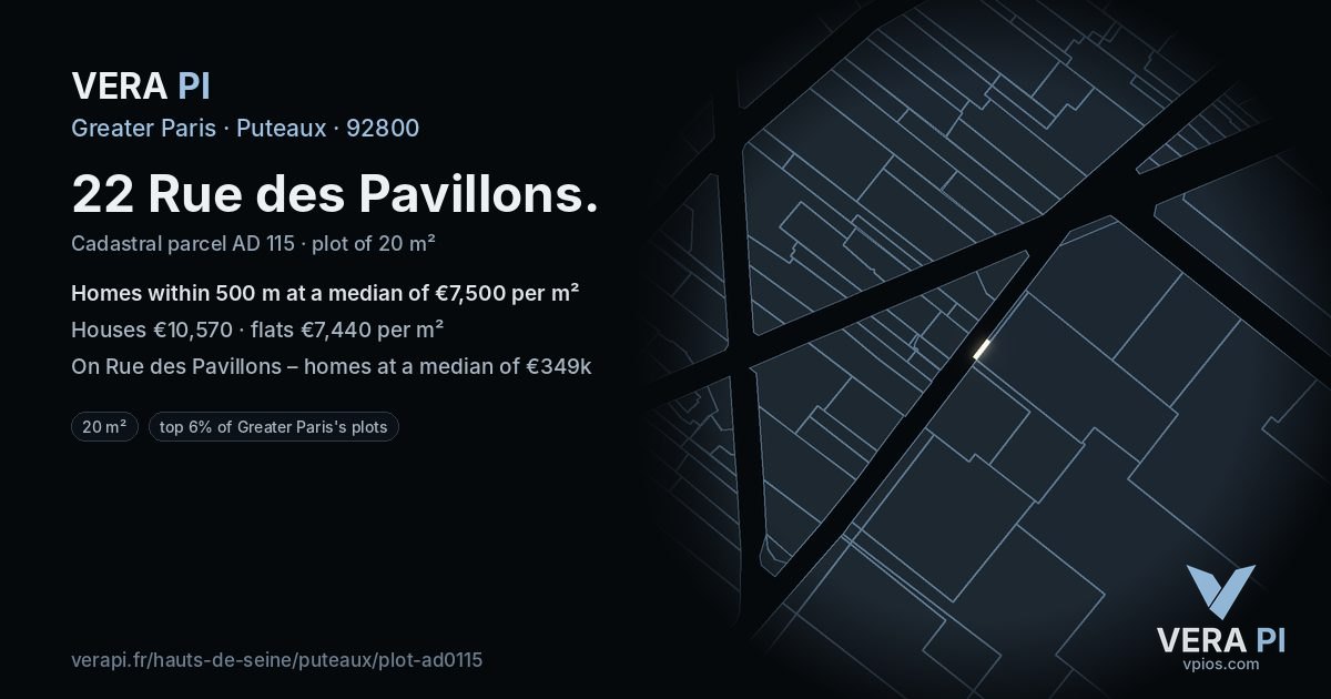 22 Rue des Pavillons, Puteaux at night – the plot lit, the parcels around coloured by the prices near them