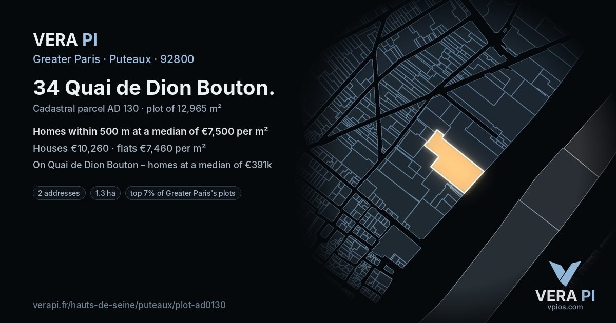 34 Quai de Dion Bouton, Puteaux at night – the plot lit, the parcels around coloured by the prices near them