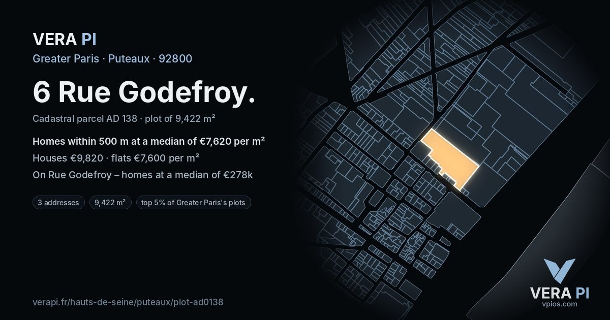 6 Rue Godefroy, Puteaux at night – the plot lit, the parcels around coloured by the prices near them
