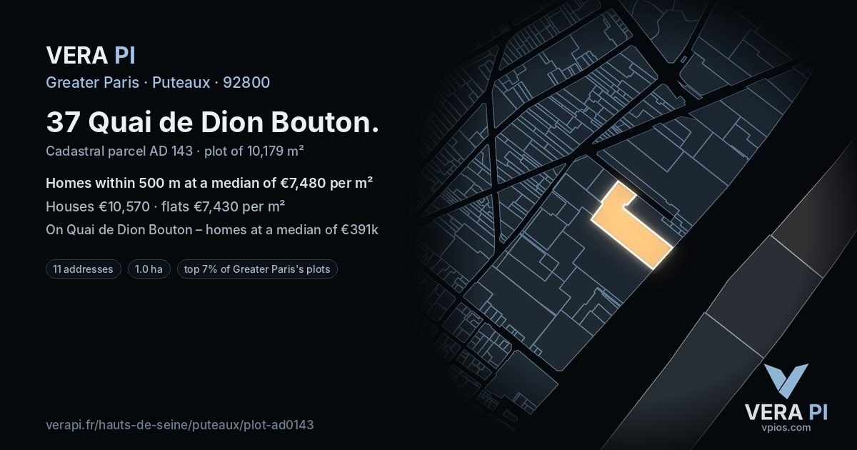 37 Quai de Dion Bouton, Puteaux at night – the plot lit, the parcels around coloured by the prices near them