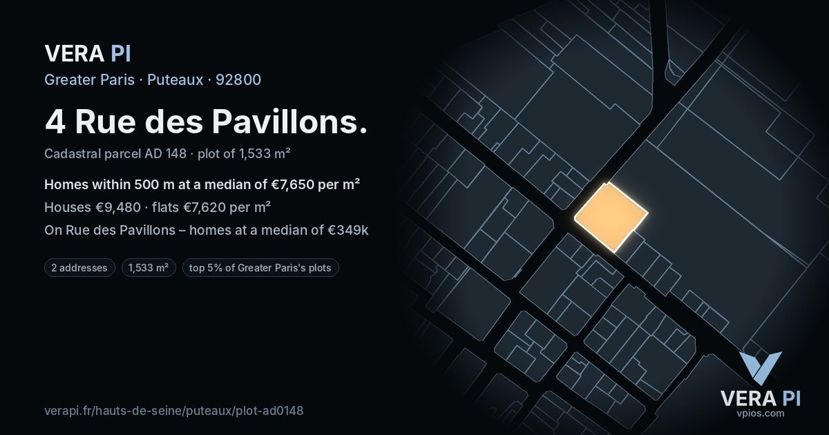 4 Rue des Pavillons, Puteaux at night – the plot lit, the parcels around coloured by the prices near them