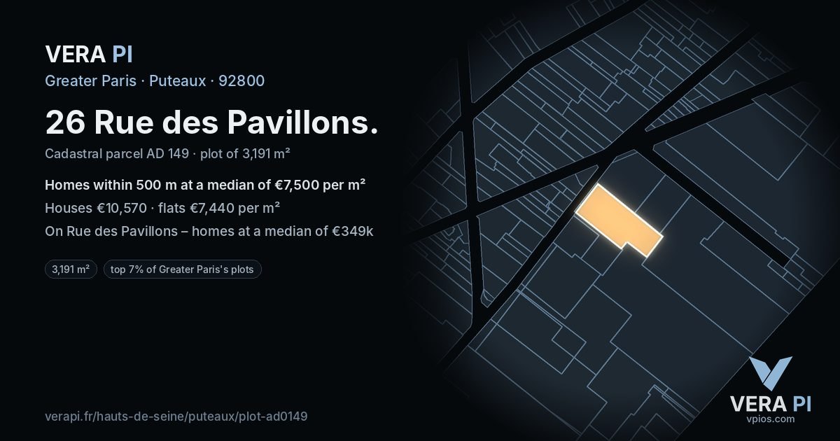 26 Rue des Pavillons, Puteaux at night – the plot lit, the parcels around coloured by the prices near them