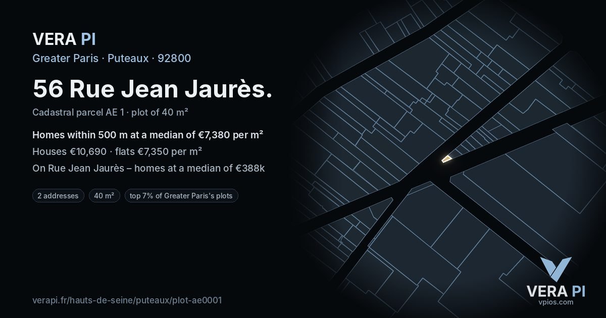 56 Rue Jean Jaurès, Puteaux at night – the plot lit, the parcels around coloured by the prices near them