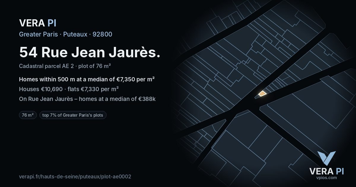 54 Rue Jean Jaurès, Puteaux at night – the plot lit, the parcels around coloured by the prices near them