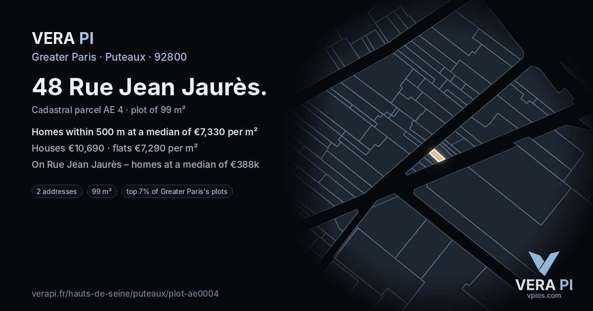 48 Rue Jean Jaurès, Puteaux at night – the plot lit, the parcels around coloured by the prices near them