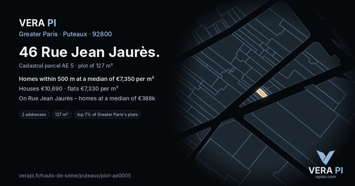 46 Rue Jean Jaurès, Puteaux at night – the plot lit, the parcels around coloured by the prices near them