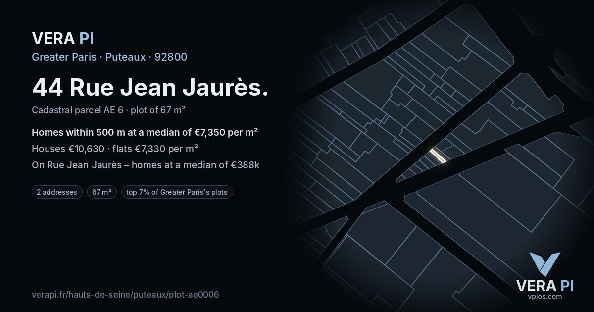 44 Rue Jean Jaurès, Puteaux at night – the plot lit, the parcels around coloured by the prices near them