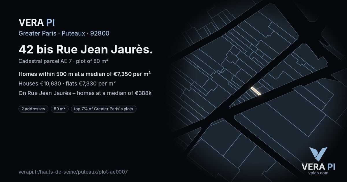 42 bis Rue Jean Jaurès, Puteaux at night – the plot lit, the parcels around coloured by the prices near them