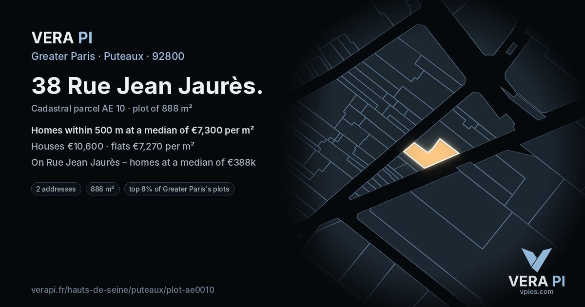 38 Rue Jean Jaurès, Puteaux at night – the plot lit, the parcels around coloured by the prices near them