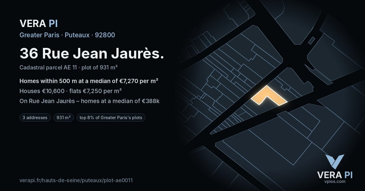 36 Rue Jean Jaurès, Puteaux at night – the plot lit, the parcels around coloured by the prices near them