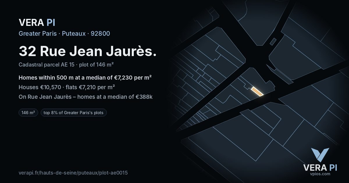 32 Rue Jean Jaurès, Puteaux at night – the plot lit, the parcels around coloured by the prices near them