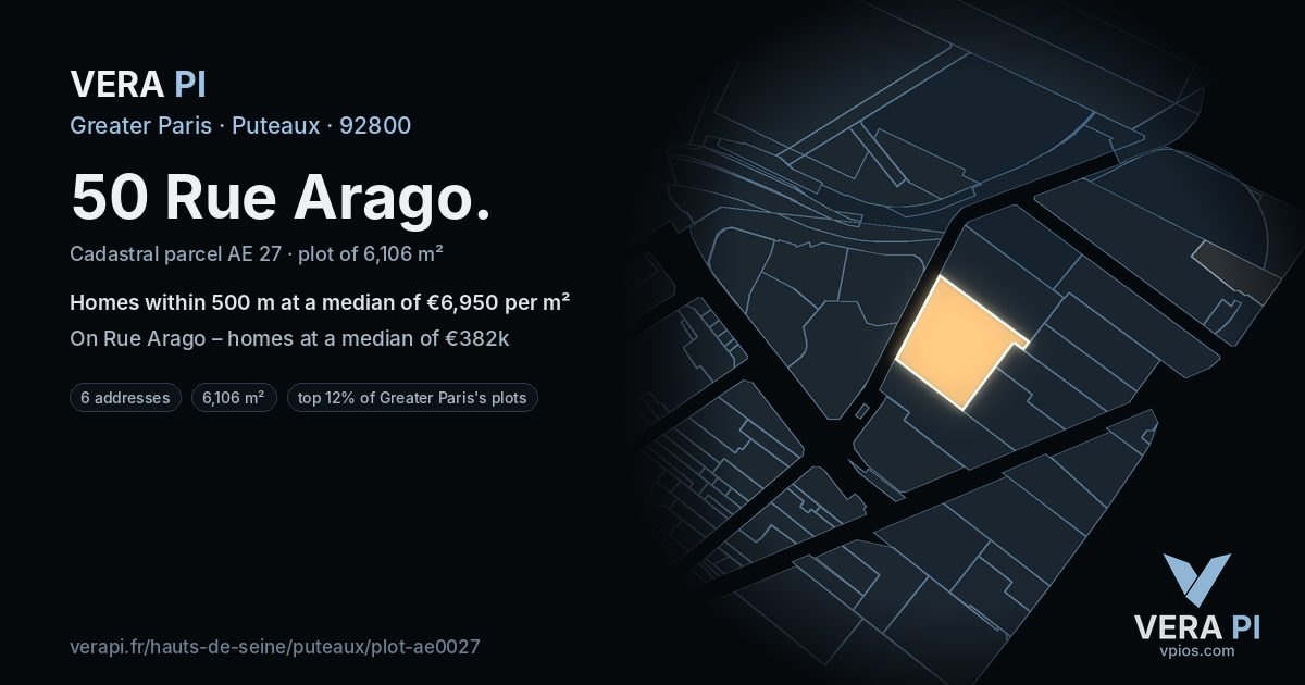 50 Rue Arago, Puteaux at night – the plot lit, the parcels around coloured by the prices near them