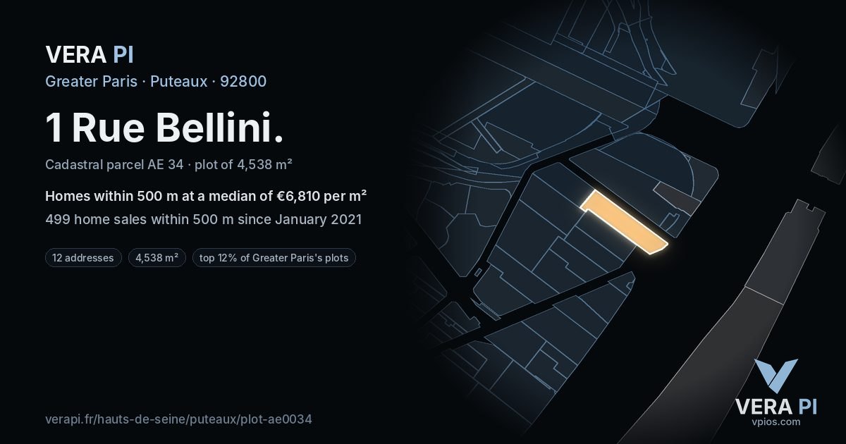 1 Rue Bellini, Puteaux at night – the plot lit, the parcels around coloured by the prices near them