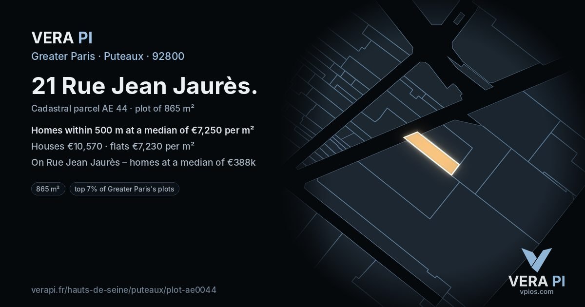 21 Rue Jean Jaurès, Puteaux at night – the plot lit, the parcels around coloured by the prices near them
