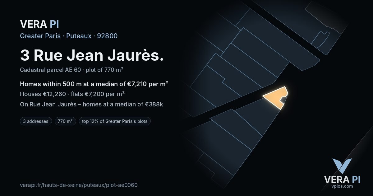 3 Rue Jean Jaurès, Puteaux at night – the plot lit, the parcels around coloured by the prices near them