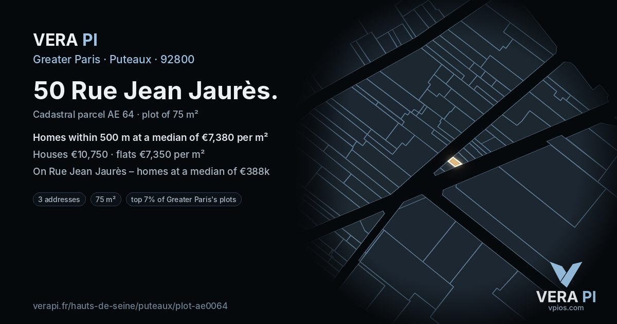 50 Rue Jean Jaurès, Puteaux at night – the plot lit, the parcels around coloured by the prices near them