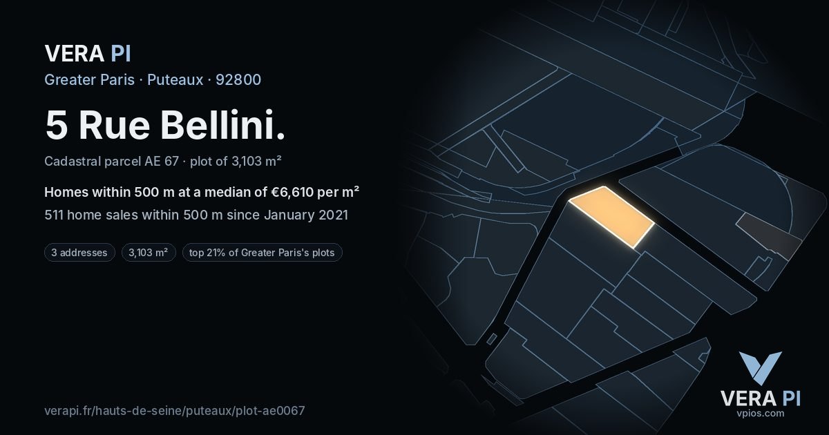 5 Rue Bellini, Puteaux at night – the plot lit, the parcels around coloured by the prices near them