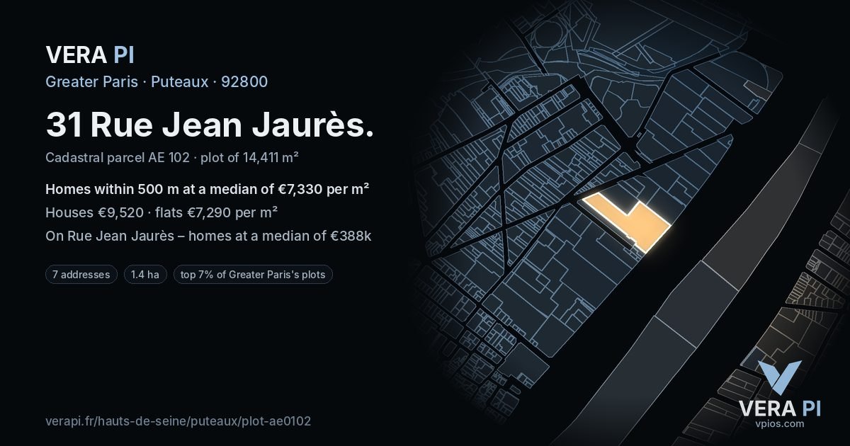 31 Rue Jean Jaurès, Puteaux at night – the plot lit, the parcels around coloured by the prices near them