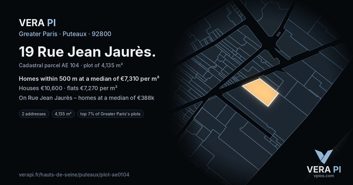19 Rue Jean Jaurès, Puteaux at night – the plot lit, the parcels around coloured by the prices near them