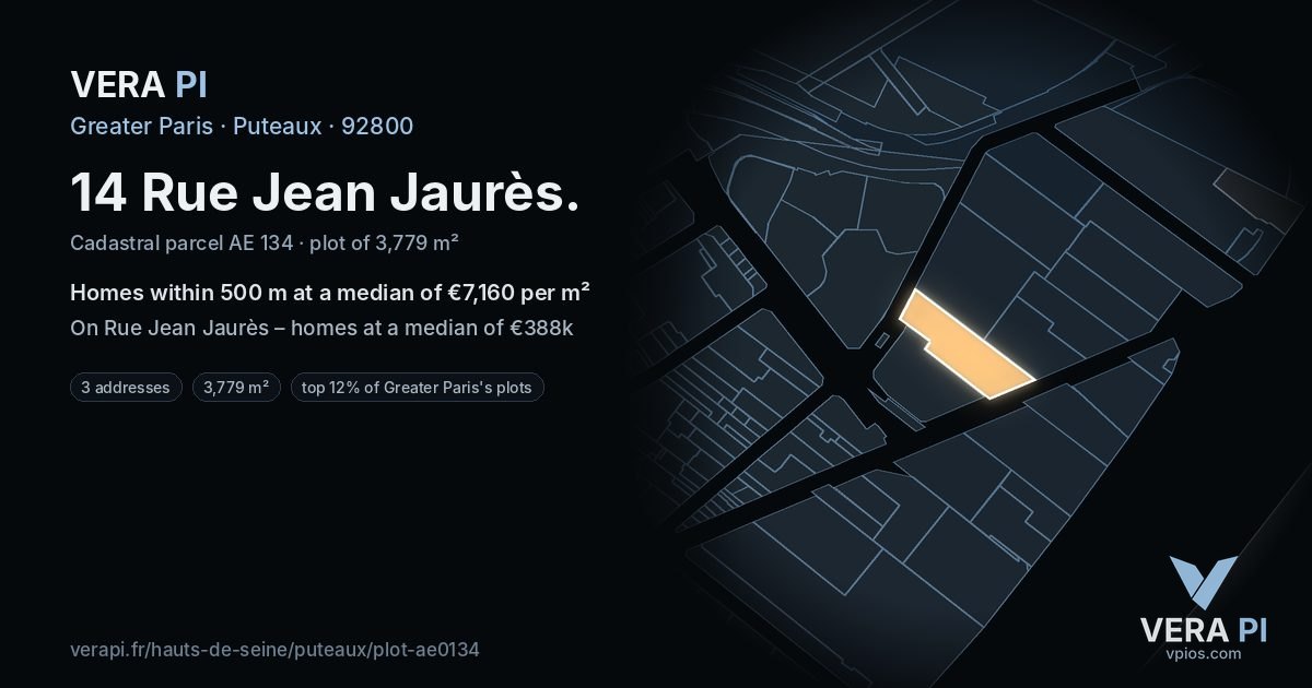 14 Rue Jean Jaurès, Puteaux at night – the plot lit, the parcels around coloured by the prices near them