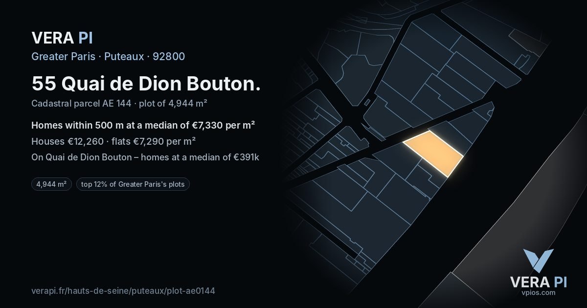 55 Quai de Dion Bouton, Puteaux at night – the plot lit, the parcels around coloured by the prices near them