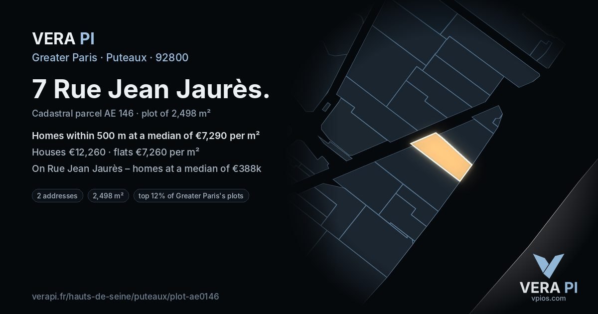 7 Rue Jean Jaurès, Puteaux at night – the plot lit, the parcels around coloured by the prices near them