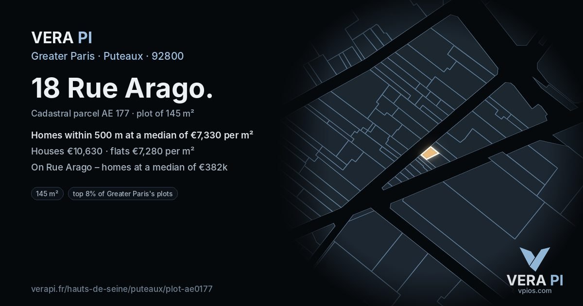 18 Rue Arago, Puteaux at night – the plot lit, the parcels around coloured by the prices near them