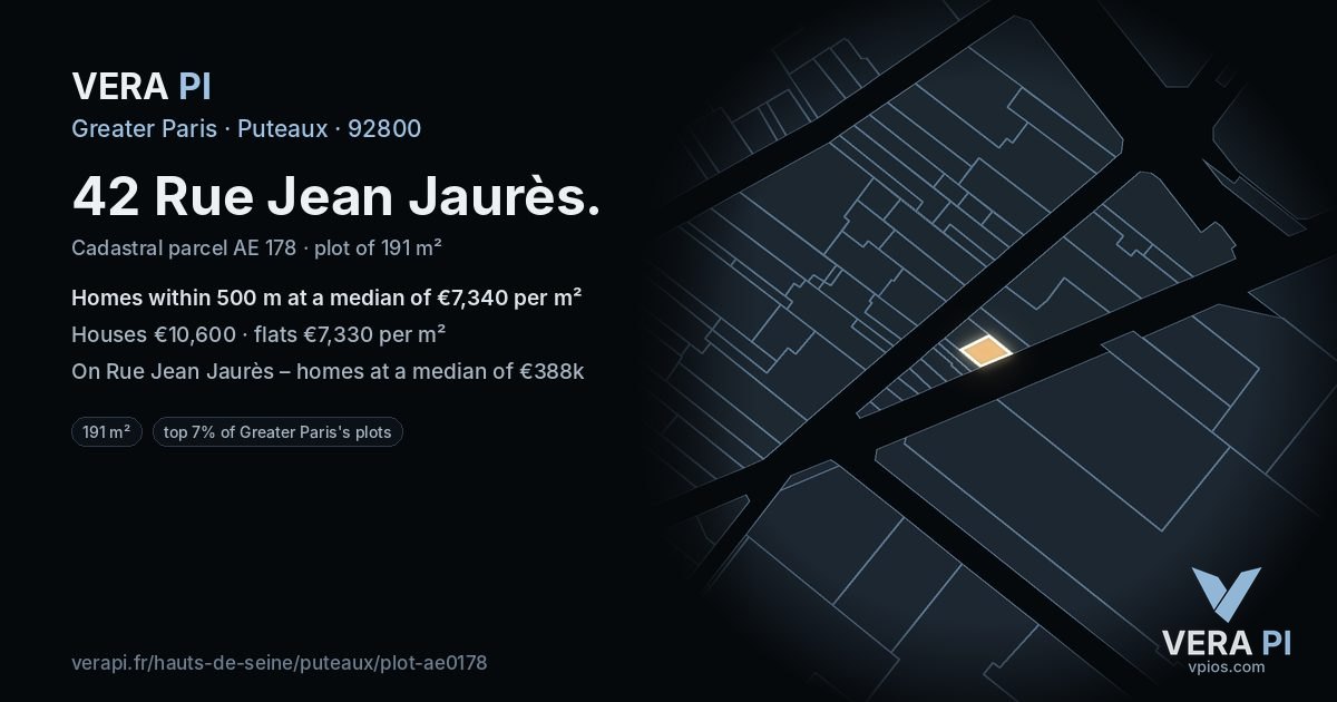 42 Rue Jean Jaurès, Puteaux at night – the plot lit, the parcels around coloured by the prices near them