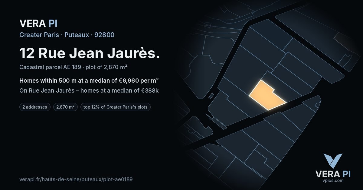 12 Rue Jean Jaurès, Puteaux at night – the plot lit, the parcels around coloured by the prices near them
