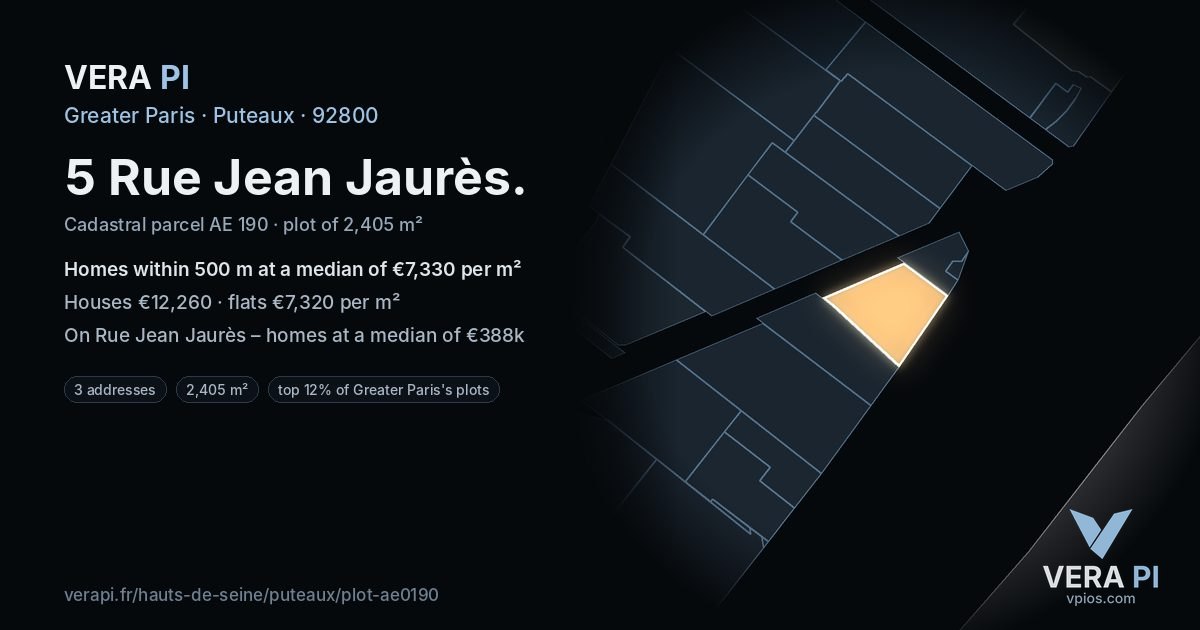 5 Rue Jean Jaurès, Puteaux at night – the plot lit, the parcels around coloured by the prices near them