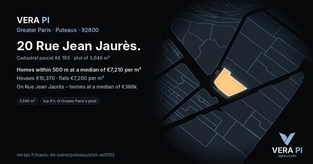 20 Rue Jean Jaurès, Puteaux at night – the plot lit, the parcels around coloured by the prices near them