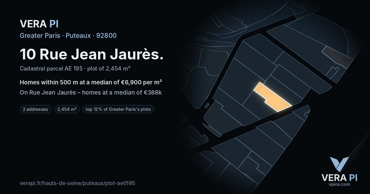10 Rue Jean Jaurès, Puteaux at night – the plot lit, the parcels around coloured by the prices near them