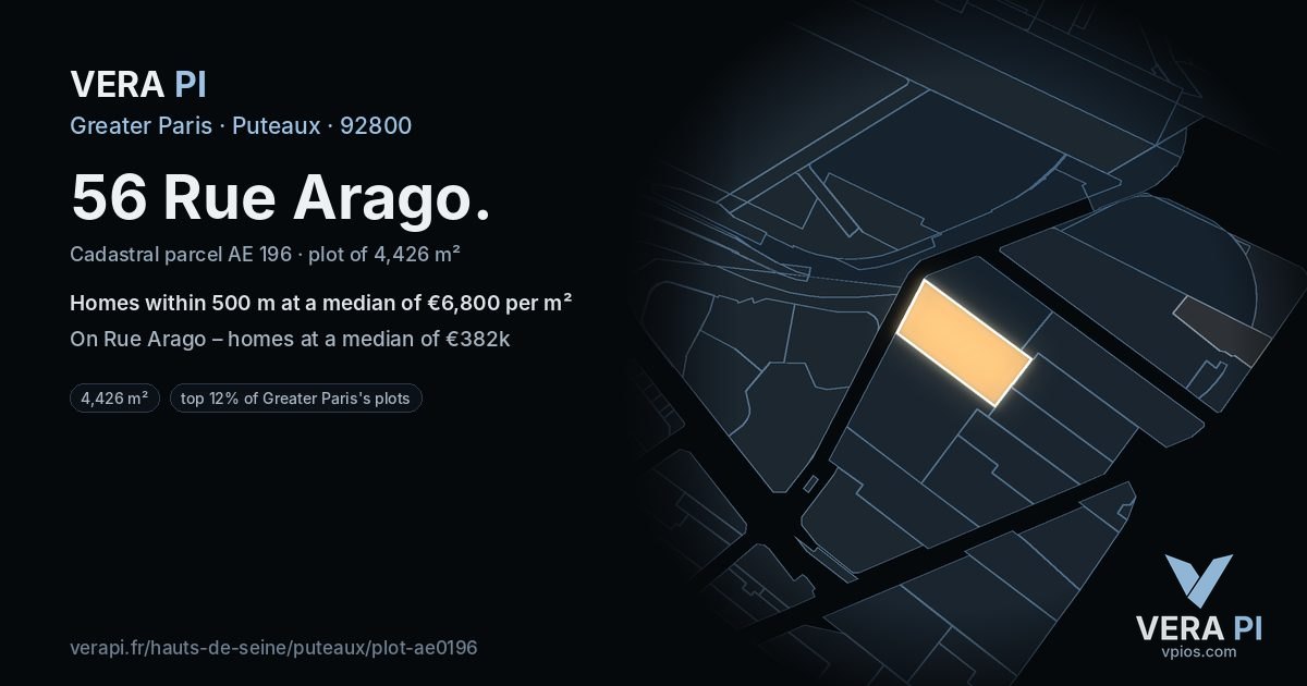 56 Rue Arago, Puteaux at night – the plot lit, the parcels around coloured by the prices near them