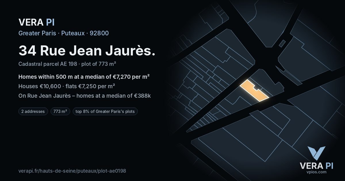 34 Rue Jean Jaurès, Puteaux at night – the plot lit, the parcels around coloured by the prices near them