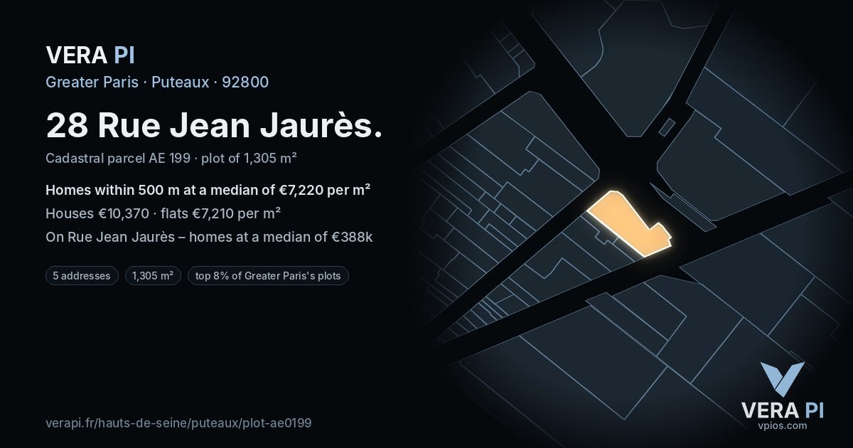 28 Rue Jean Jaurès, Puteaux at night – the plot lit, the parcels around coloured by the prices near them