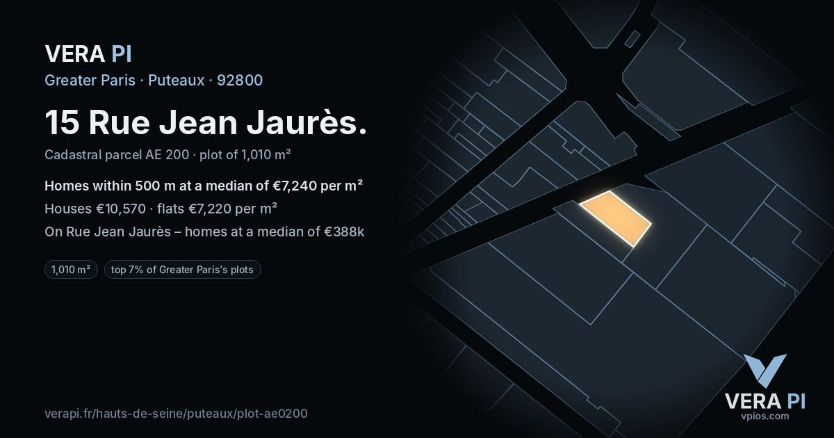 15 Rue Jean Jaurès, Puteaux at night – the plot lit, the parcels around coloured by the prices near them