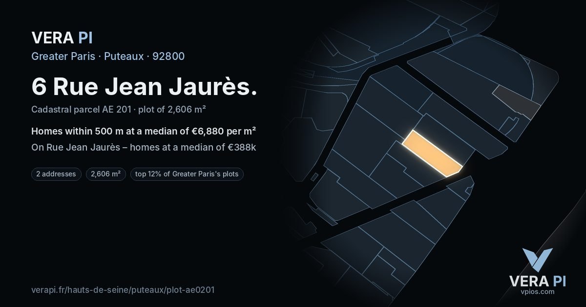 6 Rue Jean Jaurès, Puteaux at night – the plot lit, the parcels around coloured by the prices near them