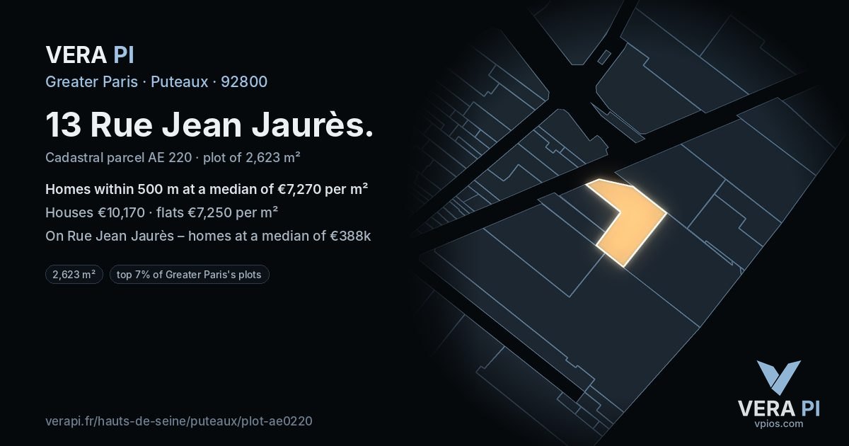 13 Rue Jean Jaurès, Puteaux at night – the plot lit, the parcels around coloured by the prices near them