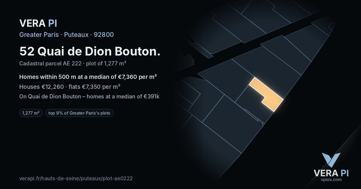 52 Quai de Dion Bouton, Puteaux at night – the plot lit, the parcels around coloured by the prices near them